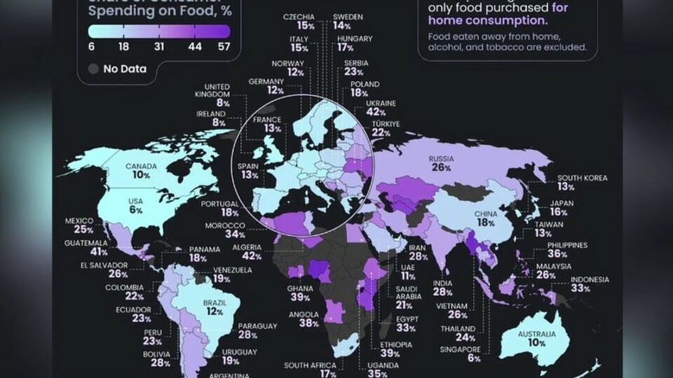 Доля расходов на продукты питания в разных странах мира